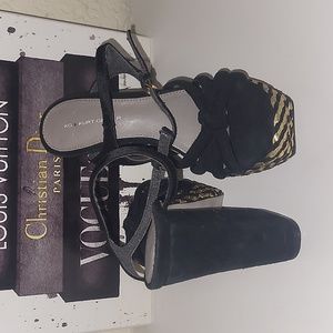 KG Kurt Geiger black and gold faux suede platform heel sandal, sz …